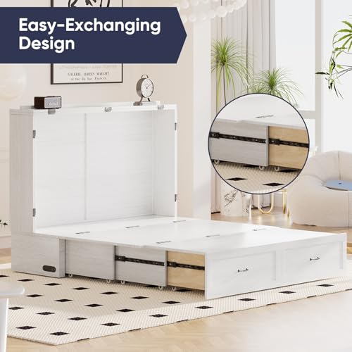 Queen Size White Murphy Bed with Tri-Folding Mattress and Storage Drawer A320