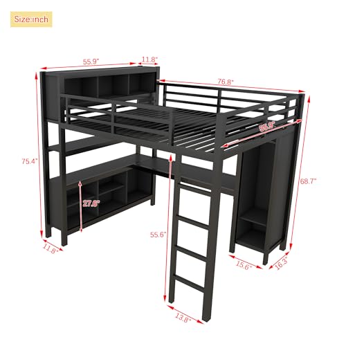 Full Size White Metal Loft Bed with Desk and Wardrobe B67150
