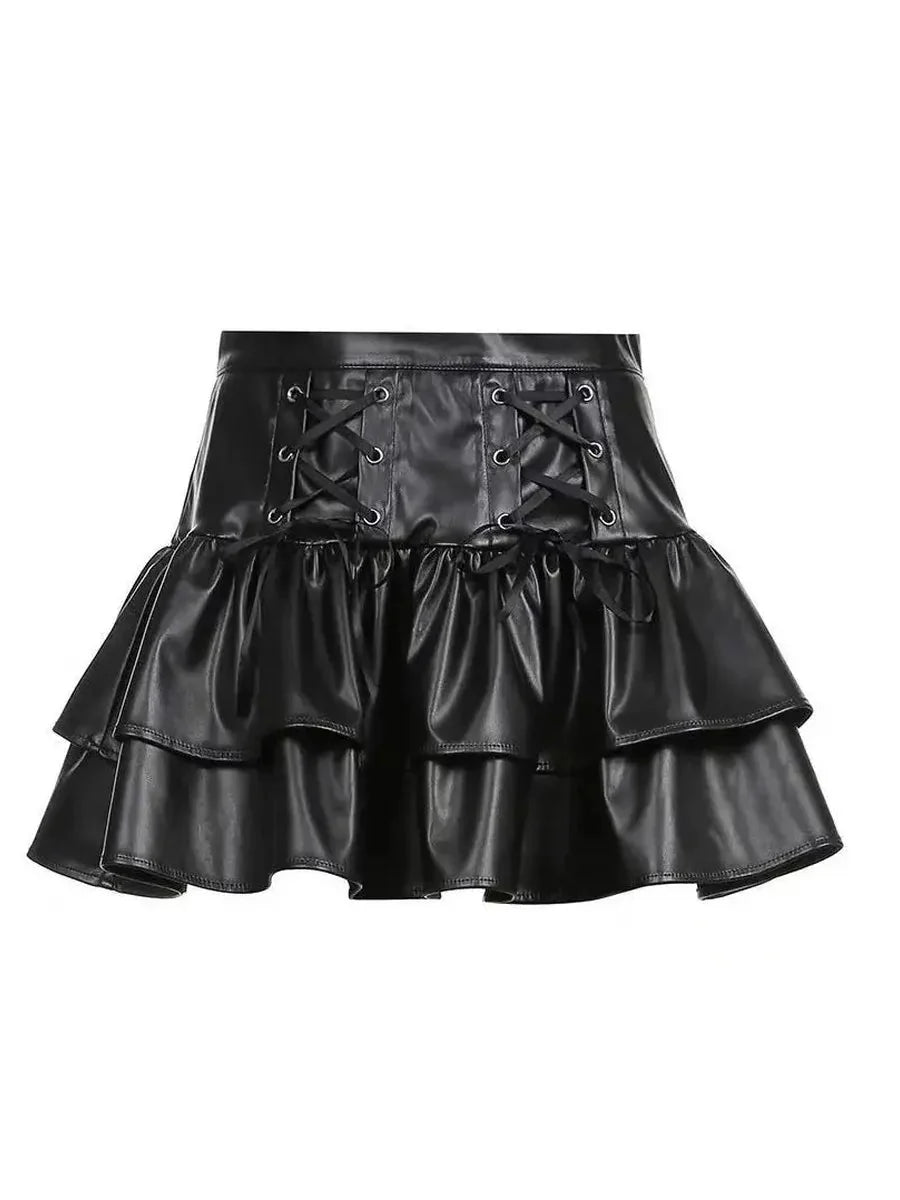 Grunge Lace Up Pu Leather Skirt H115324
