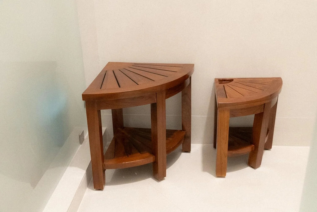 Teak Corner Bench with Shelf, 18 Inch Wooden Seat Stool P39026