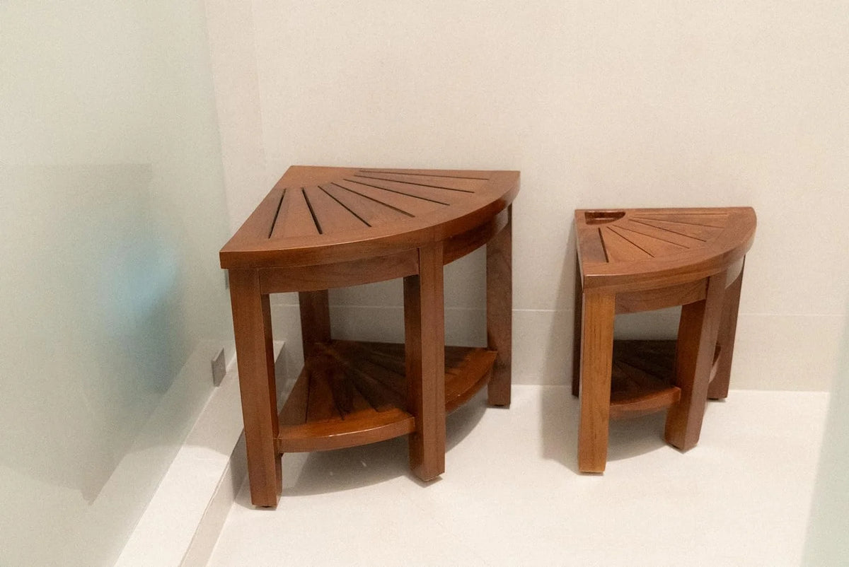 Teak Corner Bench with Shelf, 18 Inch Wooden Seat Stool P39026