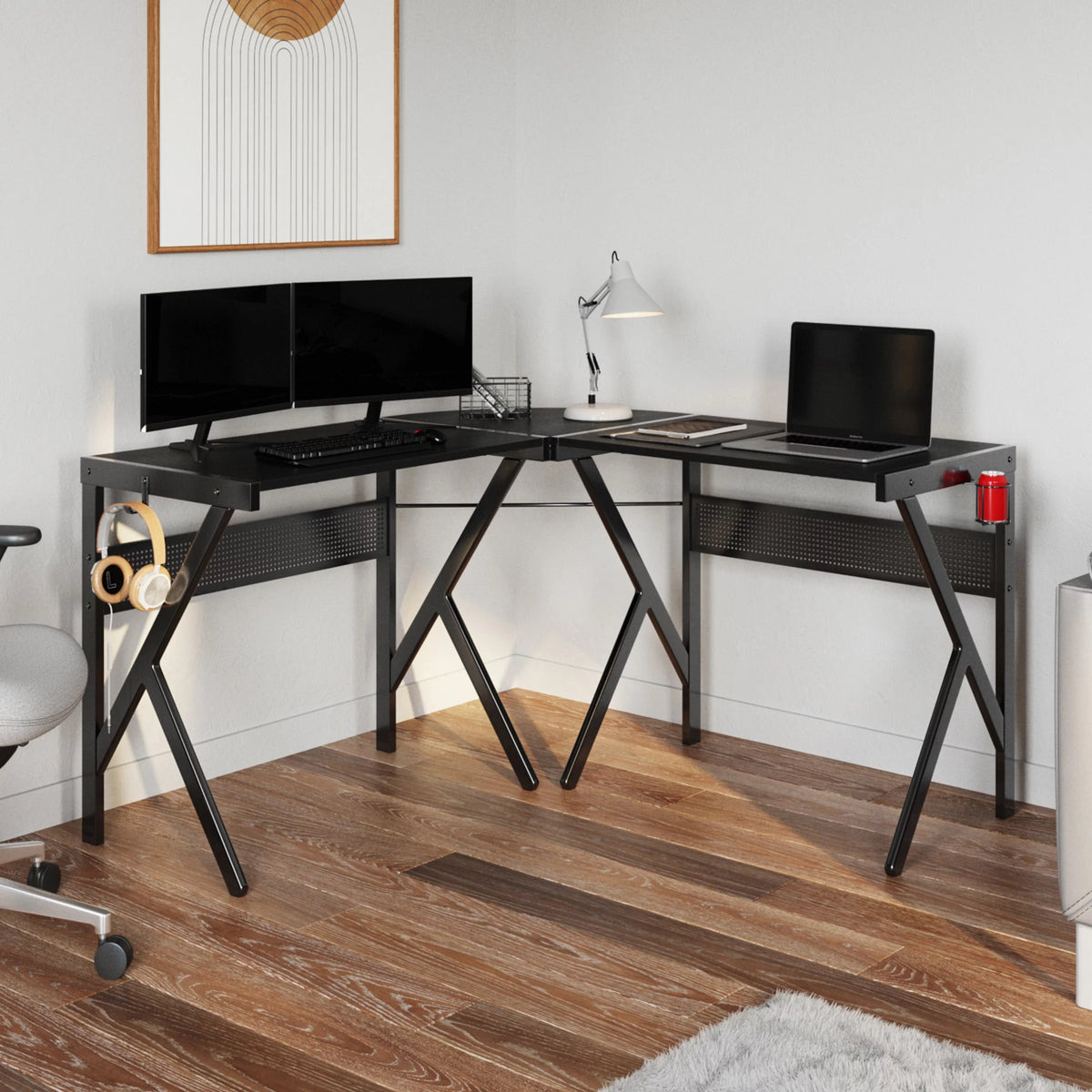 L Shaped Computer Desk with Headphone and Cup Holder Black X168306
