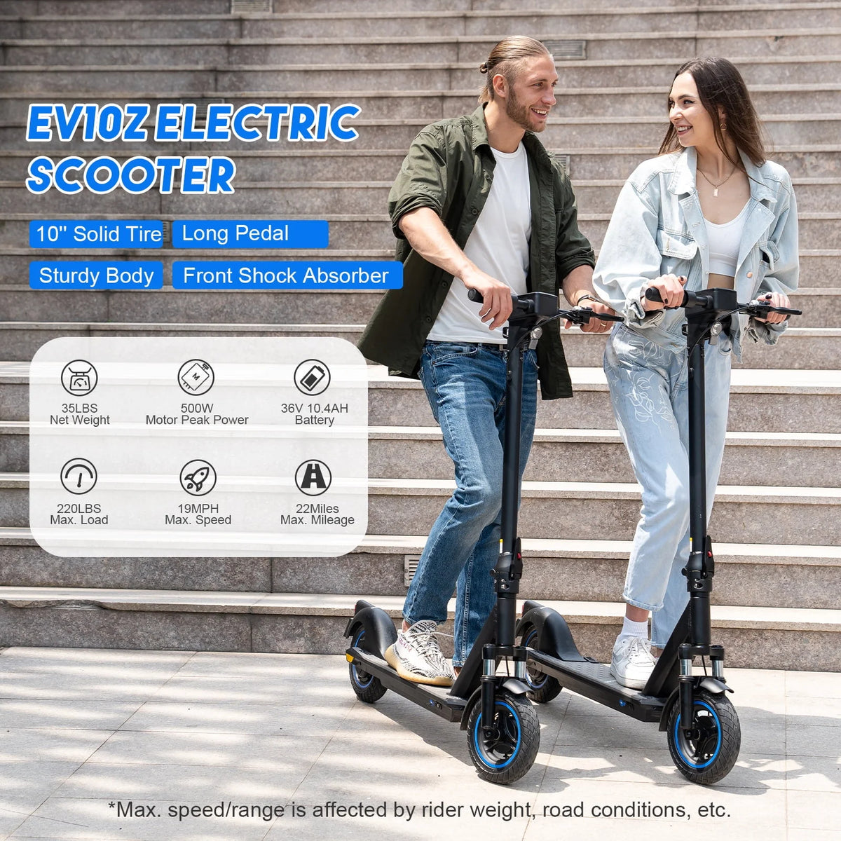 Electric Scooter with 10 Solid Tires, 500W Motor, 22 Miles Battery V988