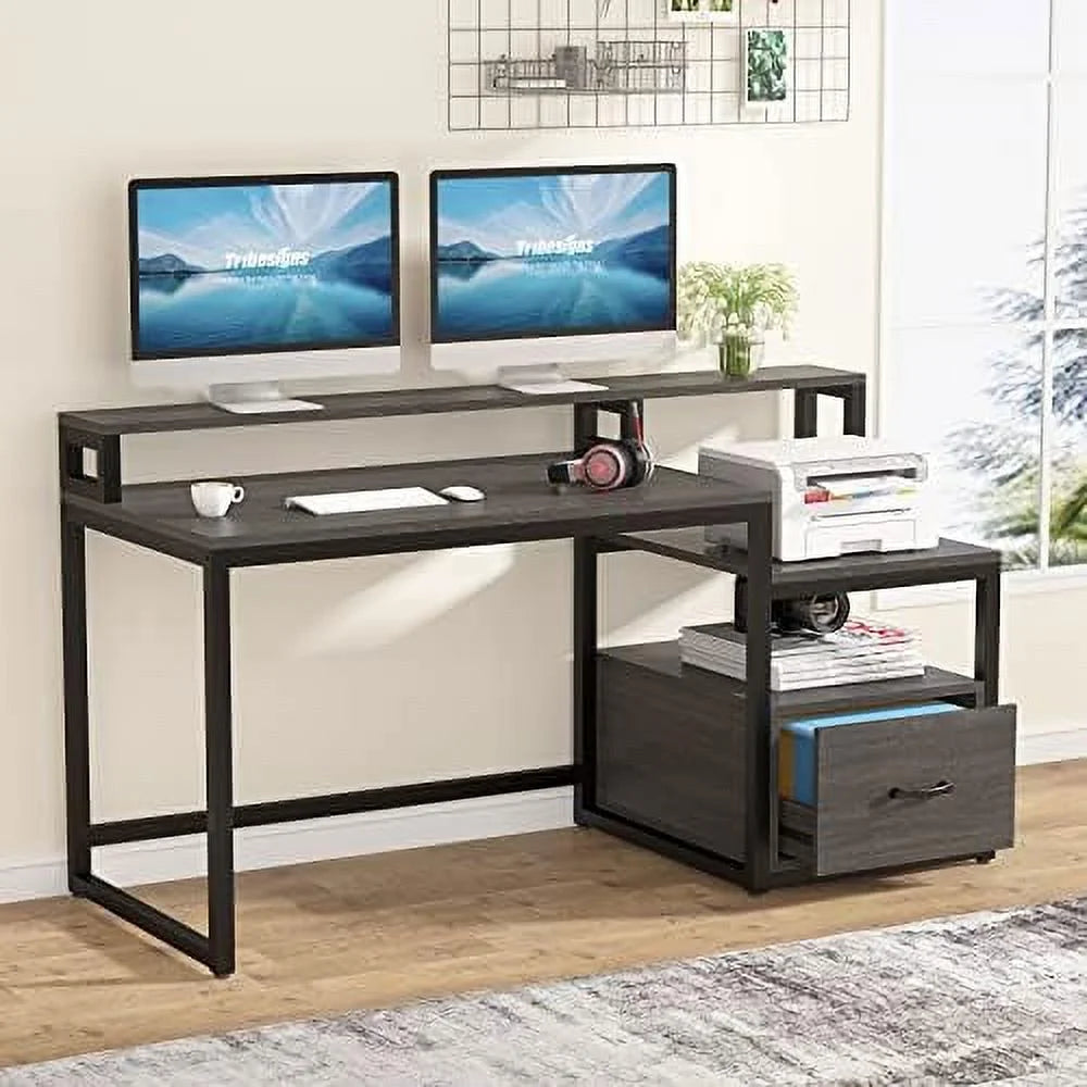 60 inch Computer Desk with File Drawer and Shelves D950