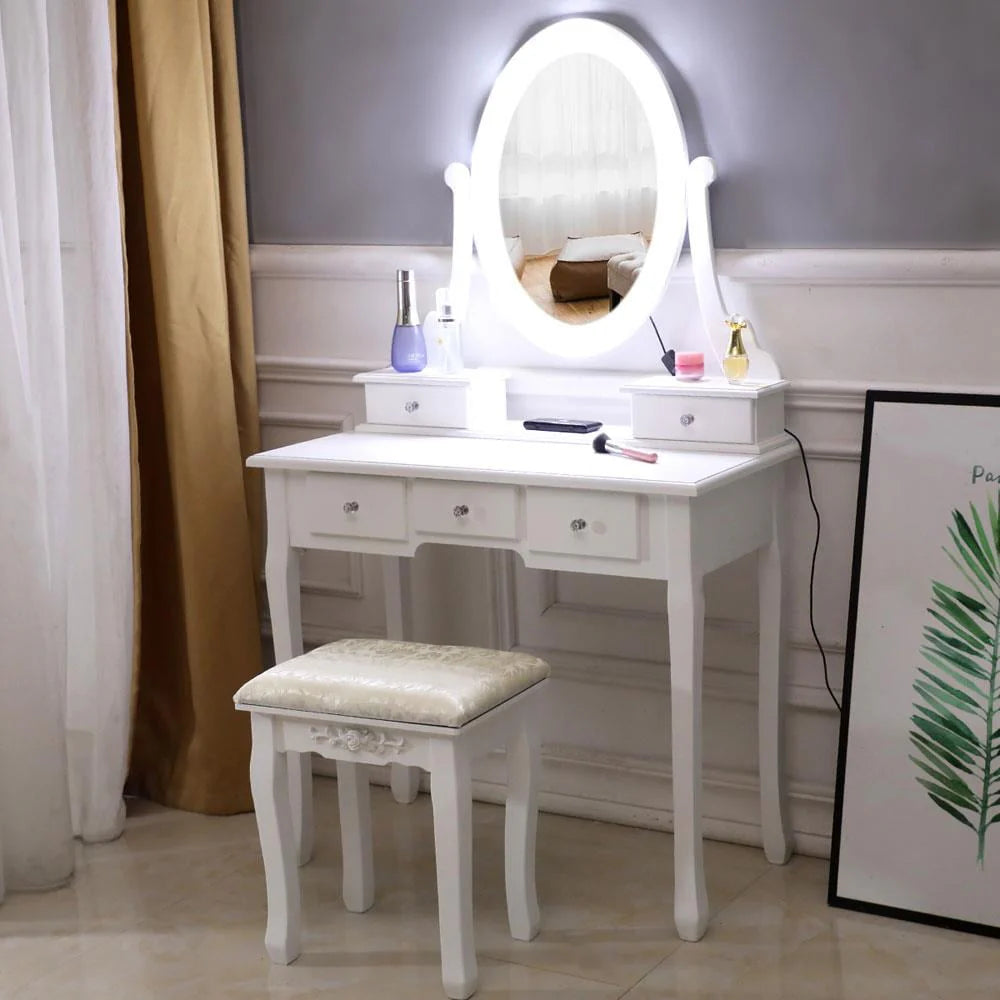 White 5 Drawer Vanity Table with Cushioned Stool Set V5754