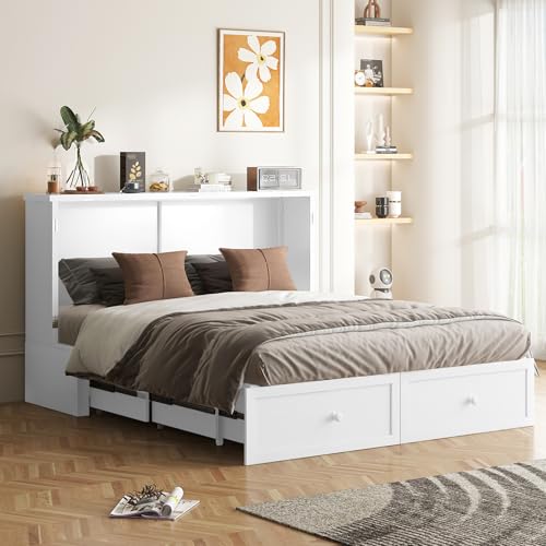 Queen Size White Murphy Bed with Tri-Folding Mattress and Storage Drawer A320