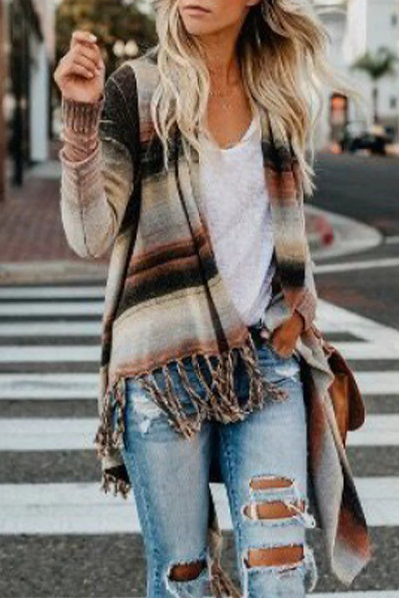 Striped Tassel Button Cardigan H794427