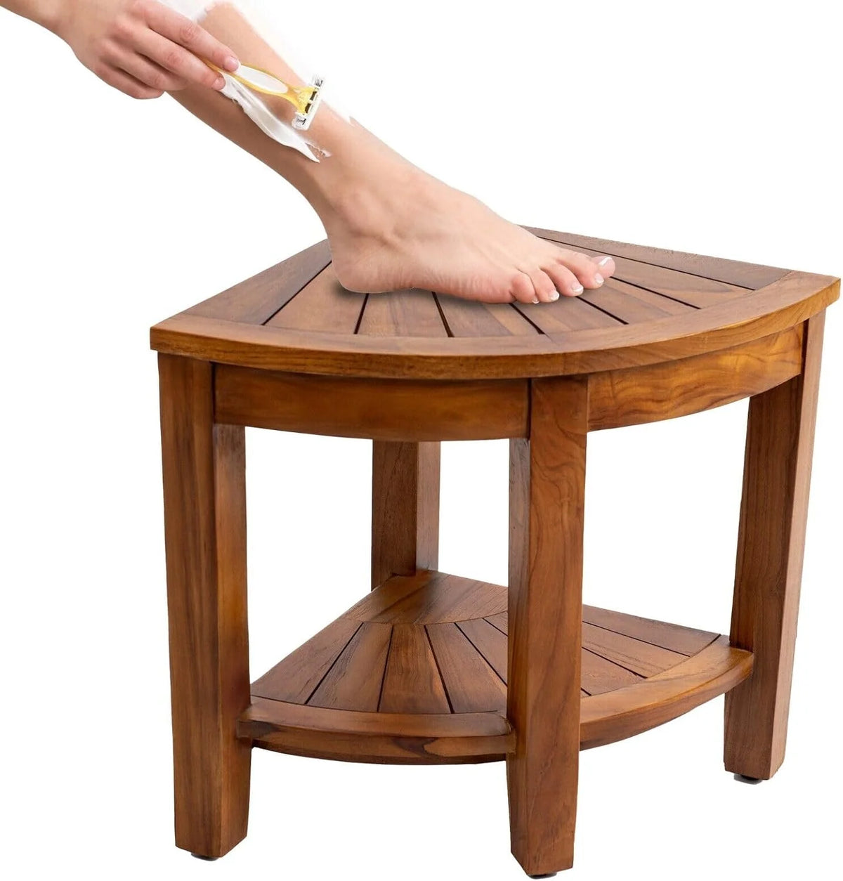Teak Corner Bench with Shelf, 18 Inch Wooden Seat Stool P39026
