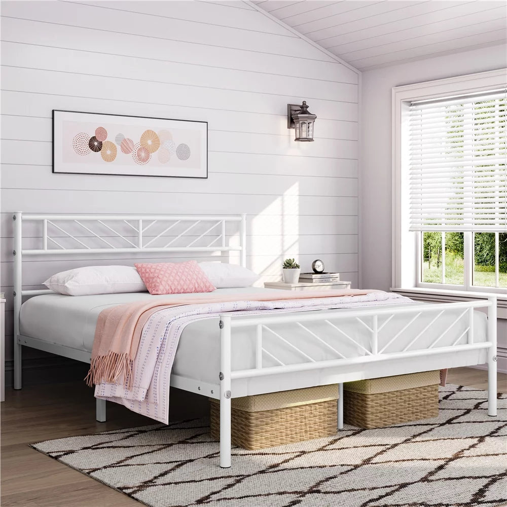 Queen Metal Platform Bed with Arrow Design Headboard and Footboard G808283