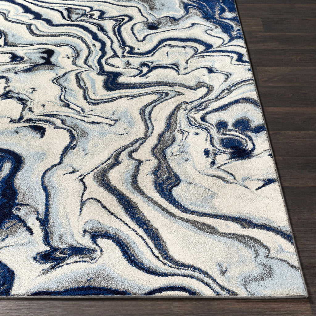 Abstract Coastal Area Rug - Marble Swirl Pattern - Ombre Blue, Royal Blue, Navy Blue, Grey, White - 5'3" x 7'3" V6096