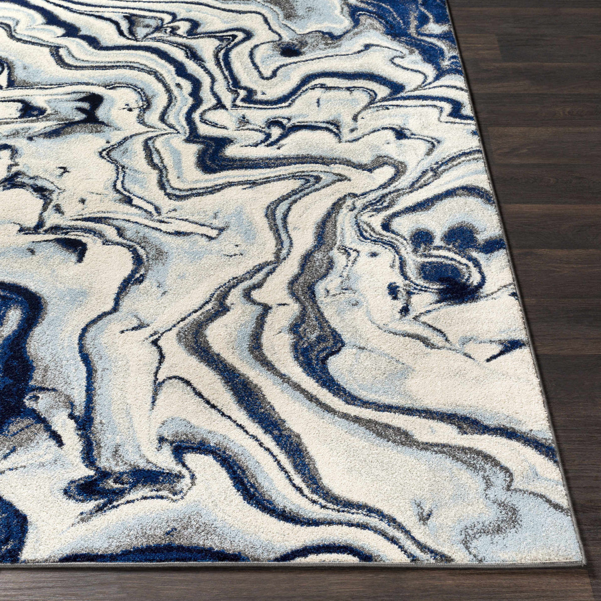 Abstract Coastal Area Rug - Marble Swirl Pattern - Ombre Blue, Royal Blue, Navy Blue, Grey, White - 5'3" x 7'3" V6096