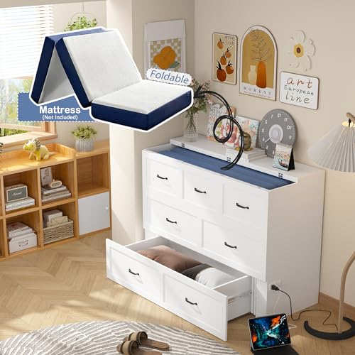 White Queen Size Murphy Cabinet Bed with Drawers J66386