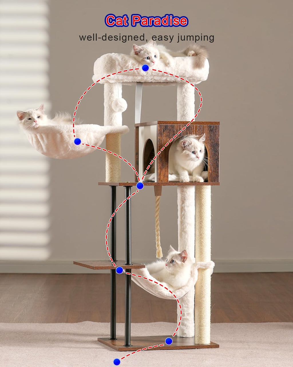 Rustic Brown 43.3in Wood Cat Tree with Sisal Rope Scratching Post W522