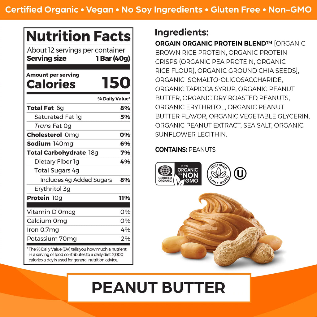 Organic Peanut Butter Vegan Gluten Free Protein Bar 12 Count A9809