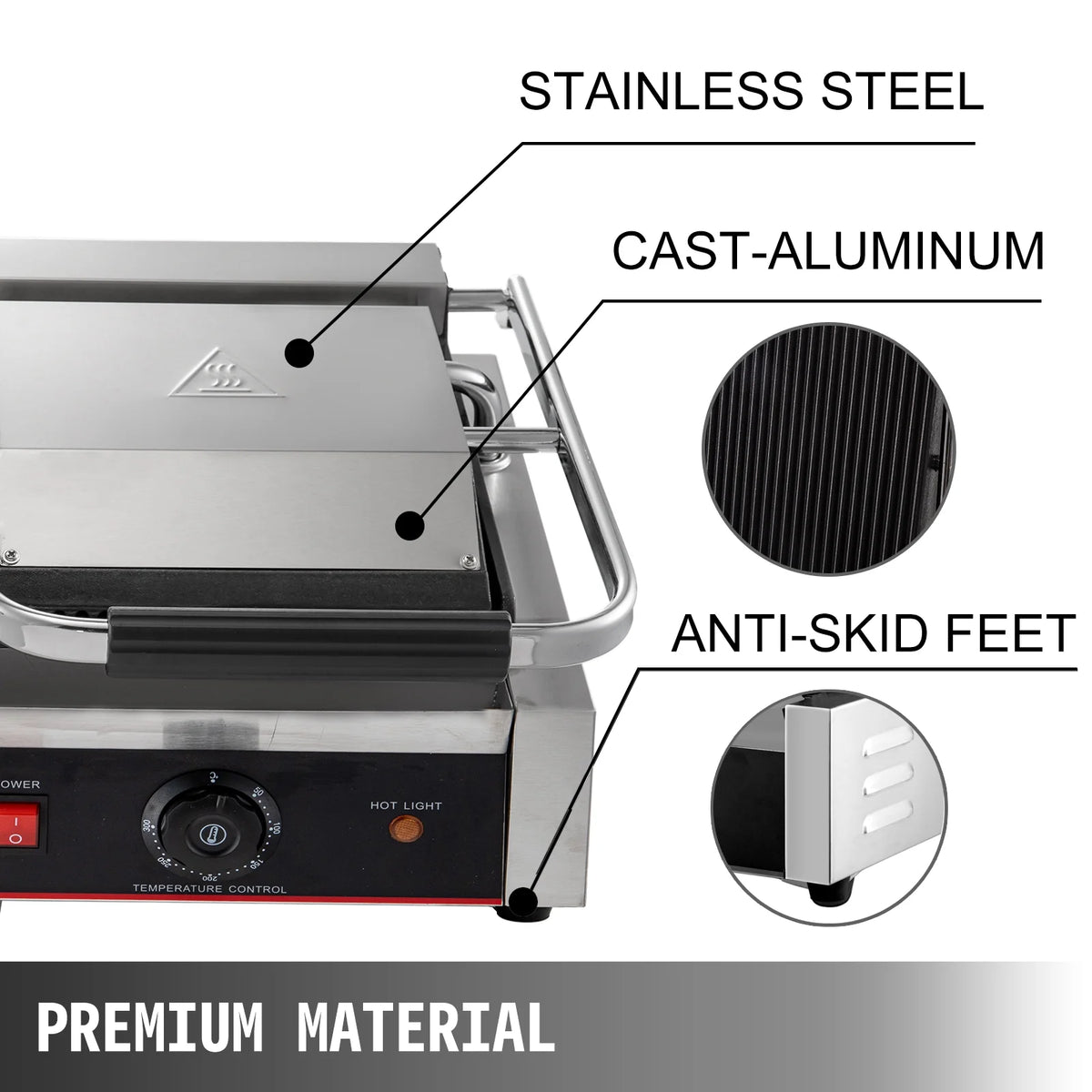 Commercial Sandwich Press Grill 3600W Electric Panini Maker Non-Stick Double Flat Plates Silver+Black S49961