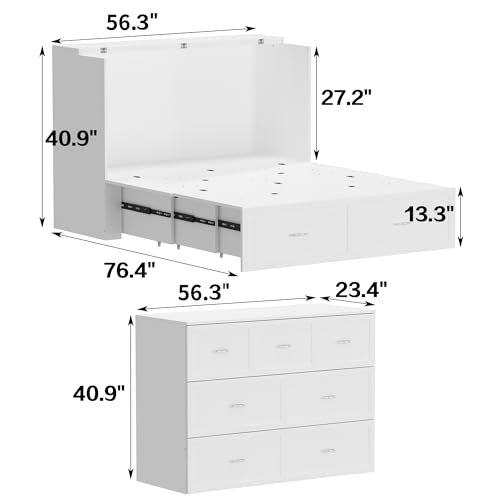 White Queen Size Murphy Cabinet Bed with Drawers J66386