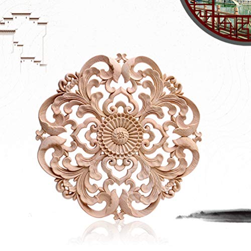 Wood Carved Onlay Applique Round Flower Unpainted Corner Decal Wood Wall Art 15x15cm V99271