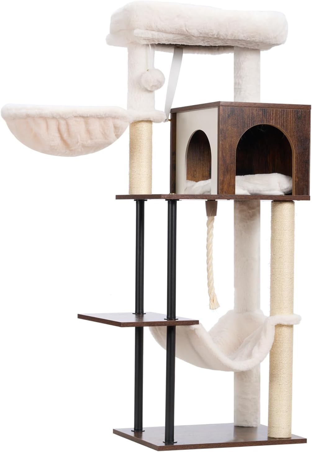 Rustic Brown 43.3in Wood Cat Tree with Sisal Rope Scratching Post W522