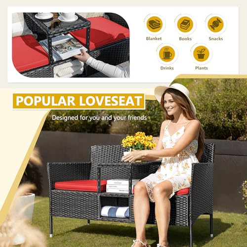 Beige Rattan 2-Seat Patio Loveseat with Cushions U9235