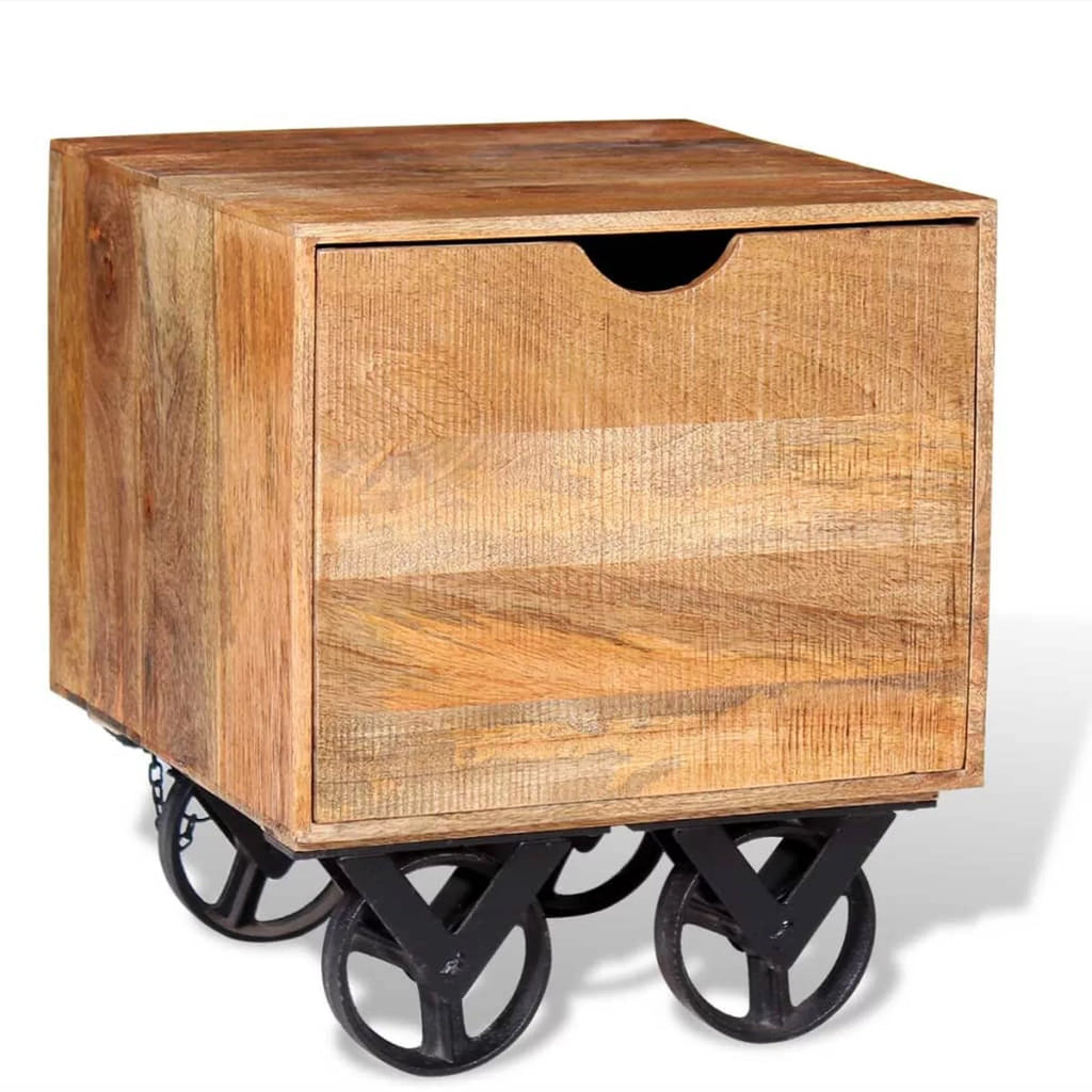Solid Mango Wood Side Table with Drawer Wheels K324
