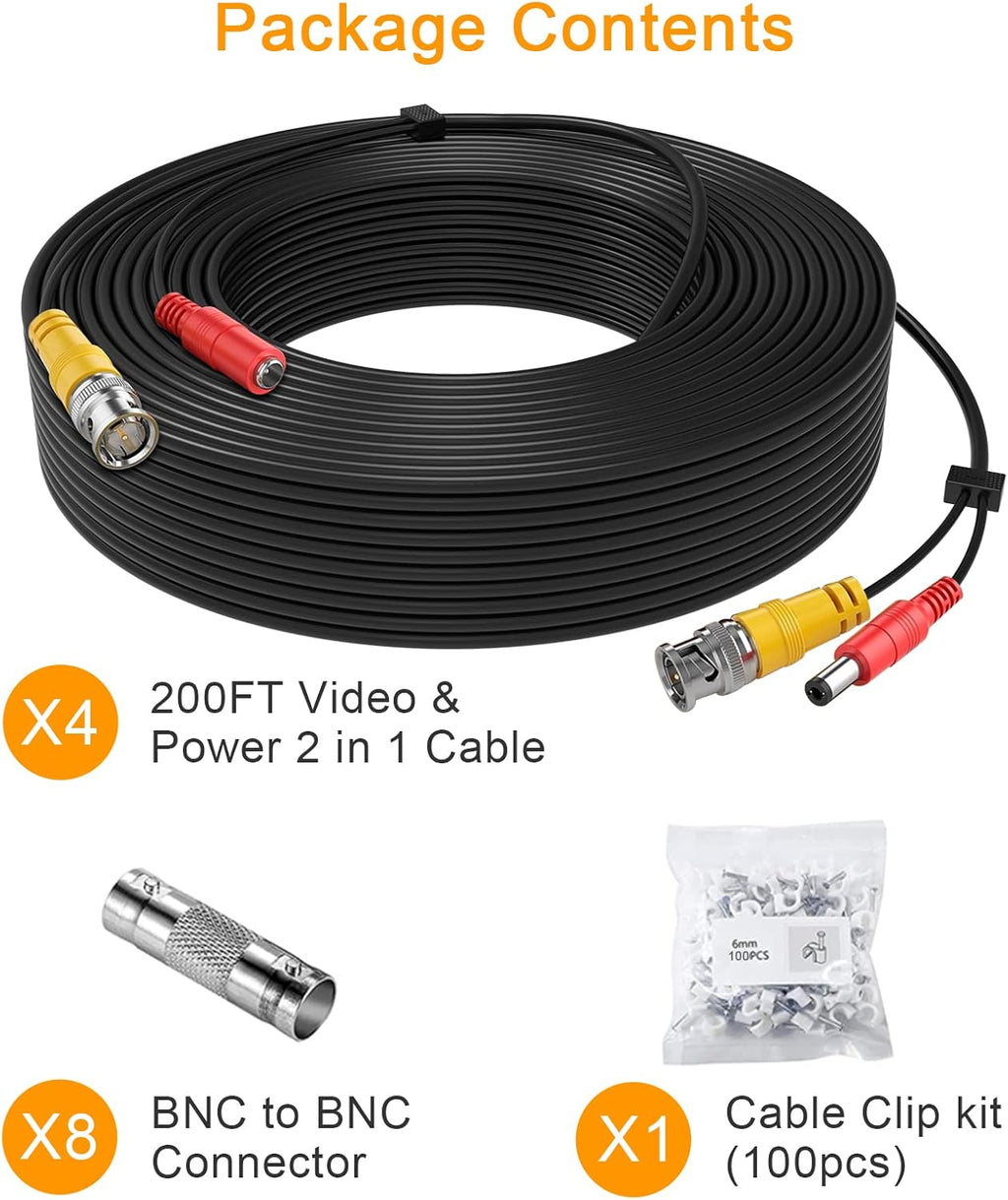 200ft 4Pack Siamese Video and Power Security Camera Cable with 2 Female Connectors A7567