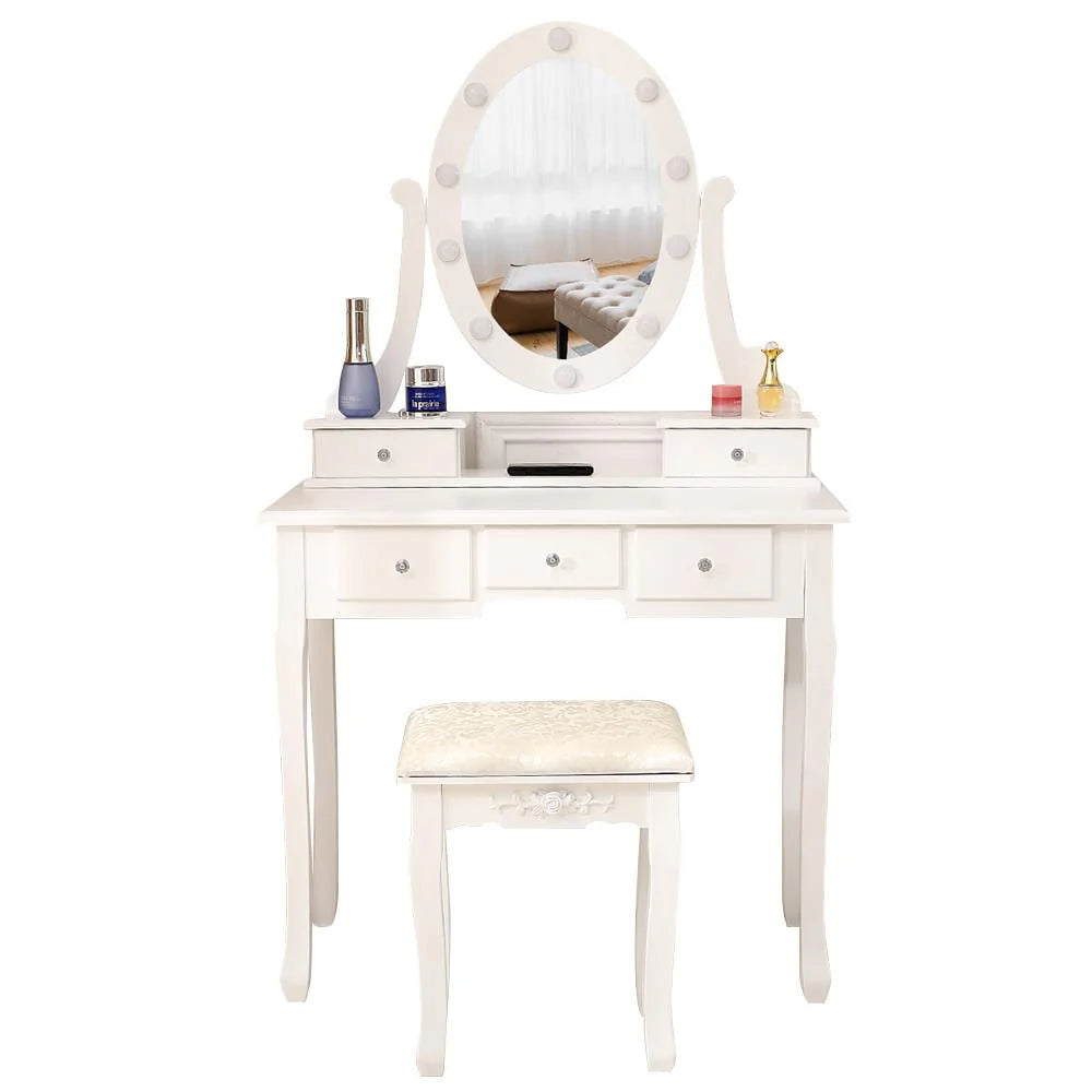 White 5 Drawer Vanity Table with Cushioned Stool Set V5754