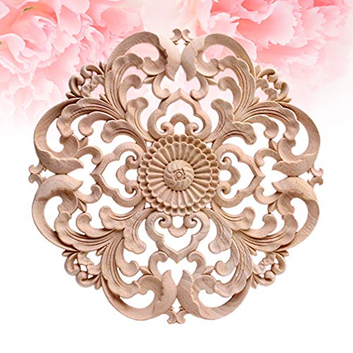 Wood Carved Onlay Applique Round Flower Unpainted Corner Decal Wood Wall Art 15x15cm V99271