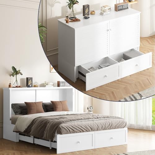 Queen Size White Murphy Bed with Tri-Folding Mattress and Storage Drawer A320