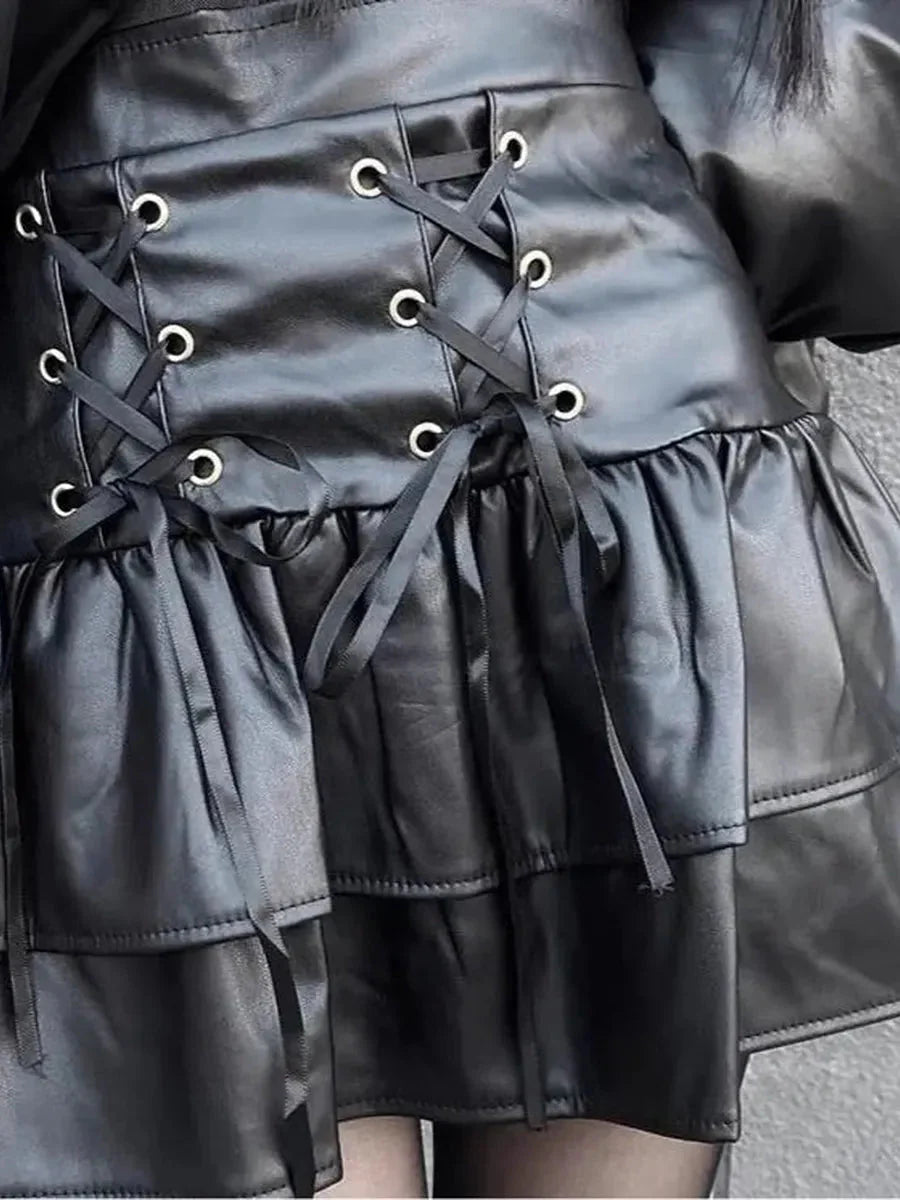 Grunge Lace Up Pu Leather Skirt H115324