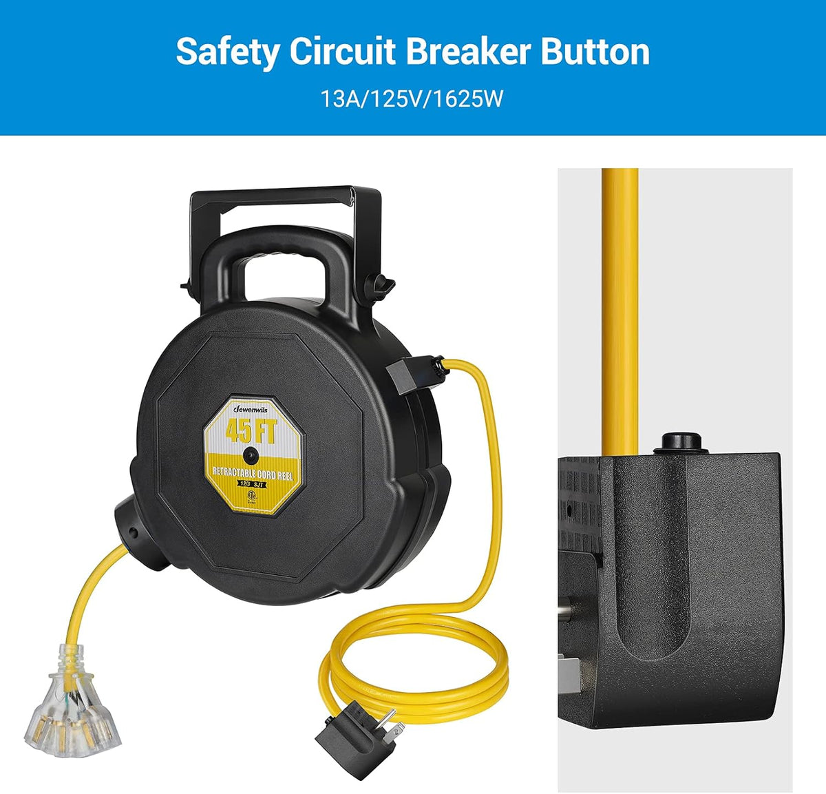 45FT Heavy Duty Retractable Extension Cord Reel with Triple Tap O65786