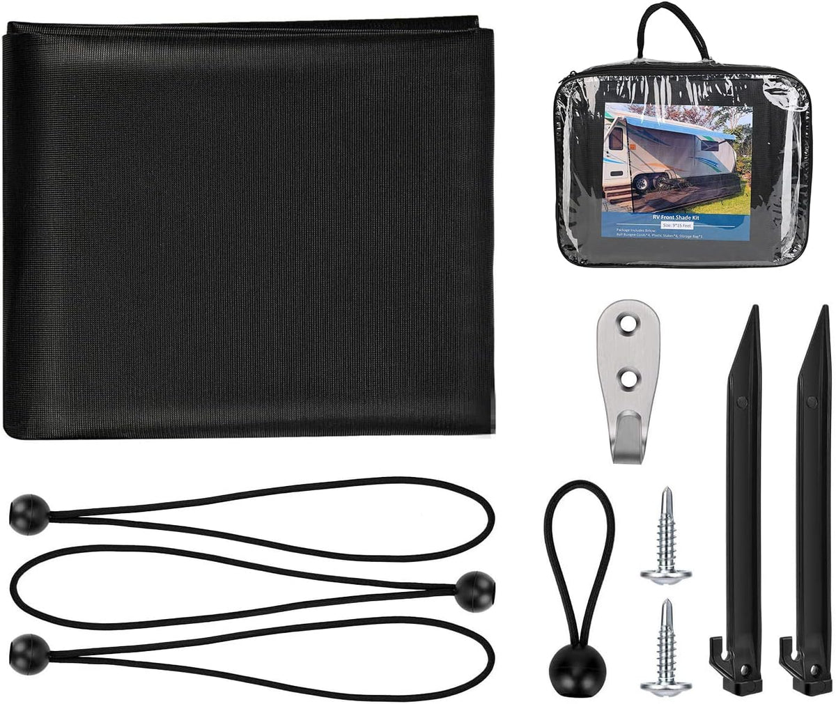 RV Awning Side Sun Shade 9’ x 7’ Black Mesh Screen Kit W844