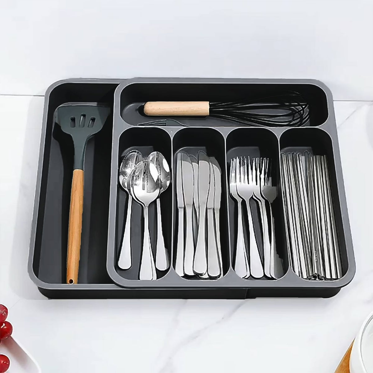 Black Expandable Plastic Silverware Drawer Organizer P8938