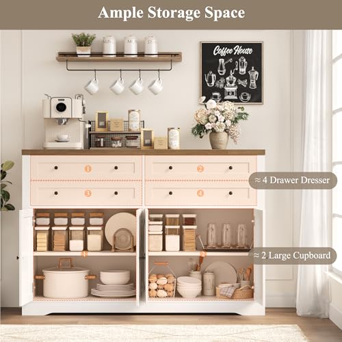 55" Coffee Bar with 4 Large Drawers, Tall Buffet Cabinet with Storage, Adjustable Shelves, Ash Grey O588879