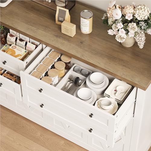 55" Coffee Bar with 4 Large Drawers, Tall Buffet Cabinet with Storage, Adjustable Shelves, Ash Grey O588879