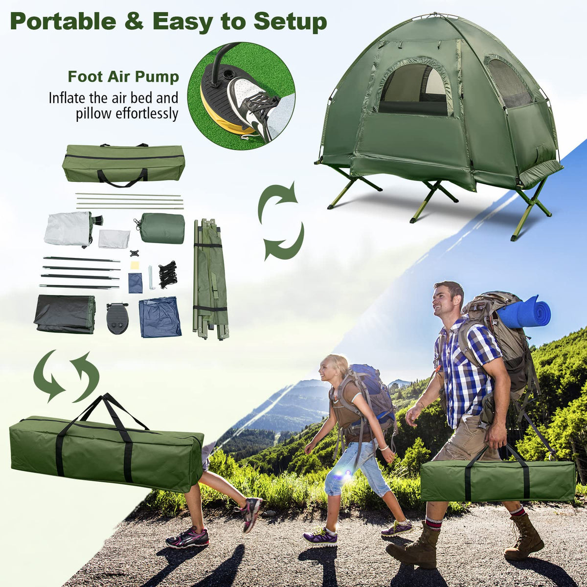 1-Person 5-in-1 Tent Cot with Air Mattress, Sleeping Bag, Carrying Bag K656860