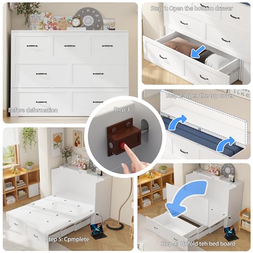 White Queen Size Murphy Cabinet Bed with Drawers J66386