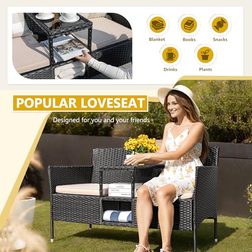 Beige Rattan 2-Seat Patio Loveseat with Cushions U9235