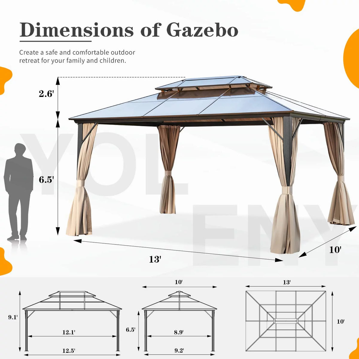 10'x13' Polycarbonate Double Roof Aluminum Hardtop Gazebo V995544