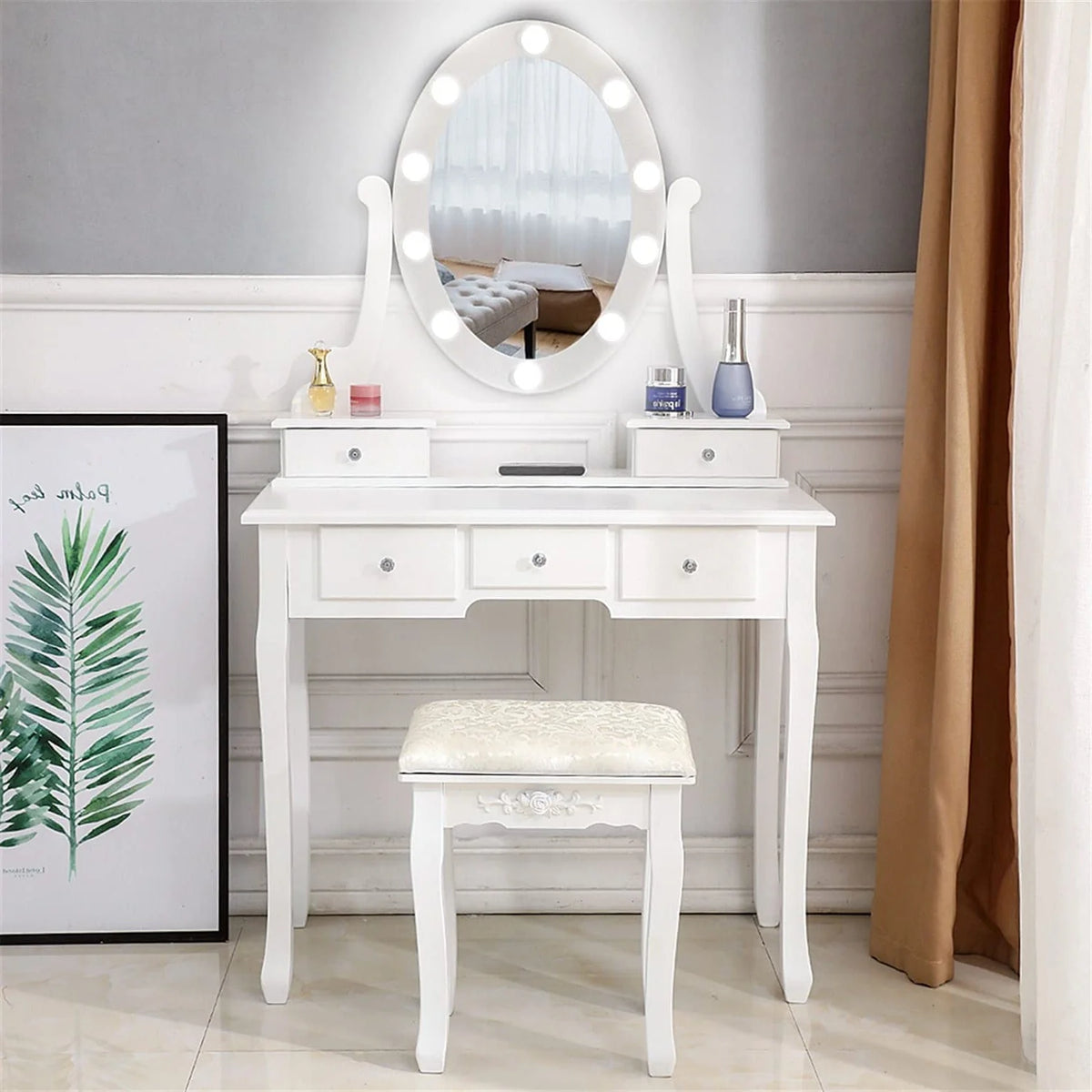 White 5 Drawer Vanity Table with Cushioned Stool Set V5754