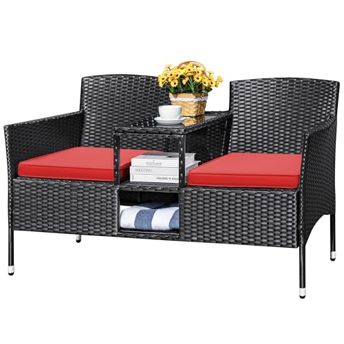 Beige Rattan 2-Seat Patio Loveseat with Cushions U9235