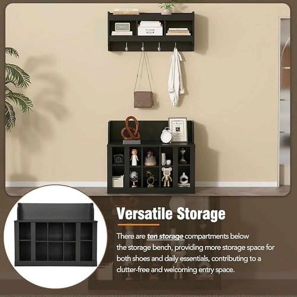 Black Entryway Hall Tree with Shoe Cabinet Bench and 8 Hooks Y982348