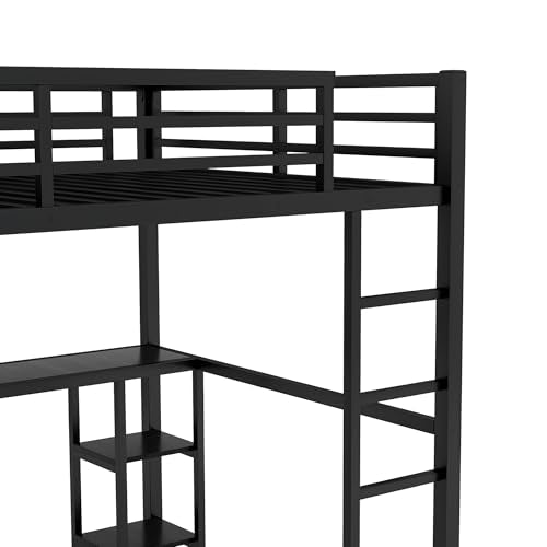 Full Size White Metal Loft Bed with Desk and Wardrobe B67150