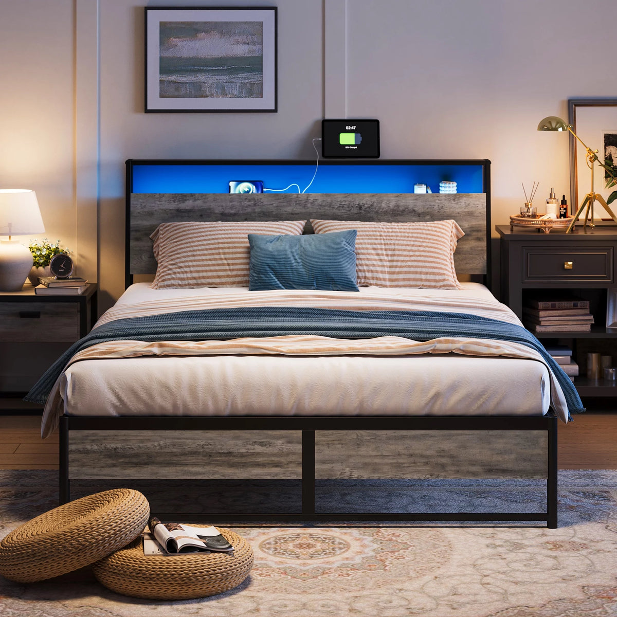 Full Size Metal Platform Bed Frame with Headboard and Storage Shelves R384