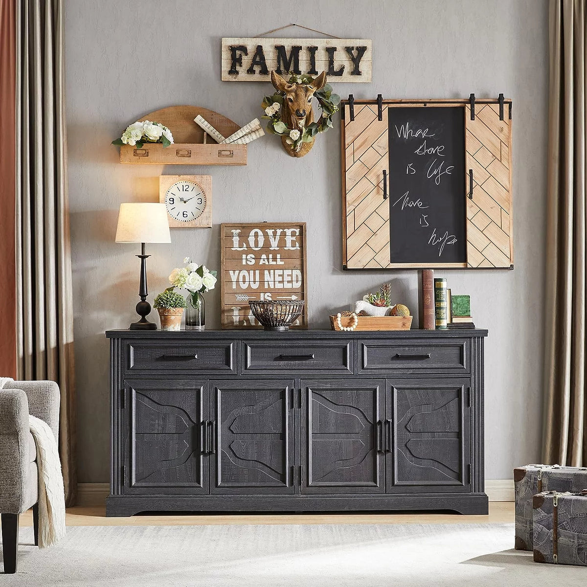 Black 3 Drawer 4 Door Sideboard Storage Cabinet U116030