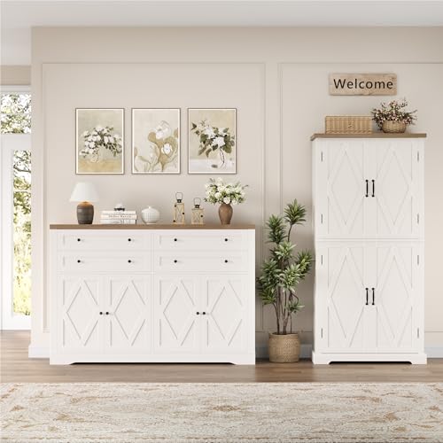55" Coffee Bar with 4 Large Drawers, Tall Buffet Cabinet with Storage, Adjustable Shelves, Ash Grey O588879