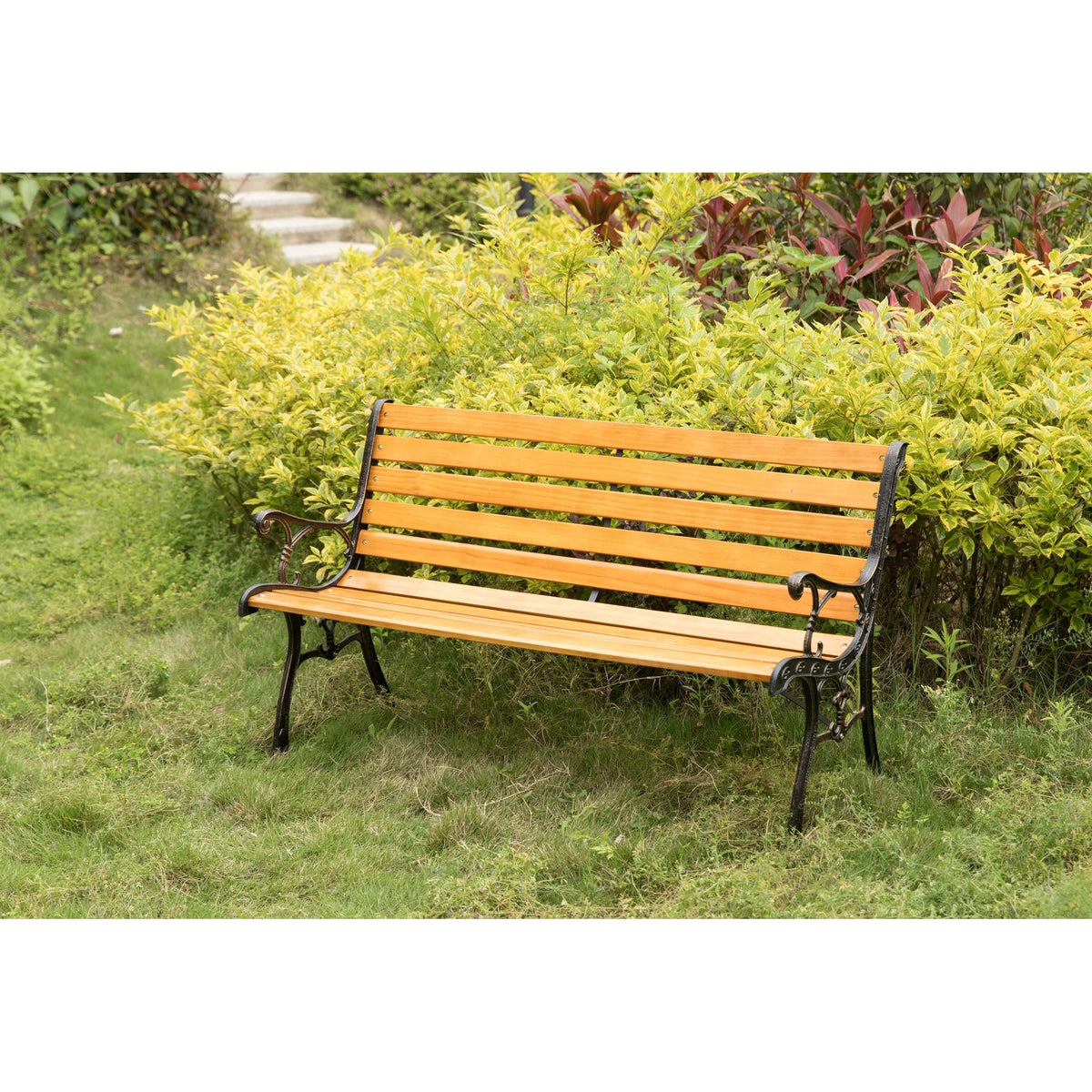Wooden Outdoor Garden Bench with Steel Armrest & Legs U50125