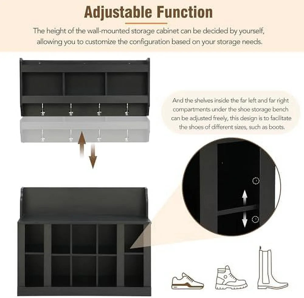 Black Entryway Hall Tree with Shoe Cabinet Bench and 8 Hooks Y982348