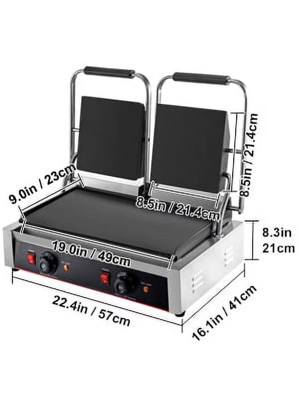 Commercial Sandwich Press Grill 3600W Electric Panini Maker Non-Stick Double Flat Plates Silver+Black S49961