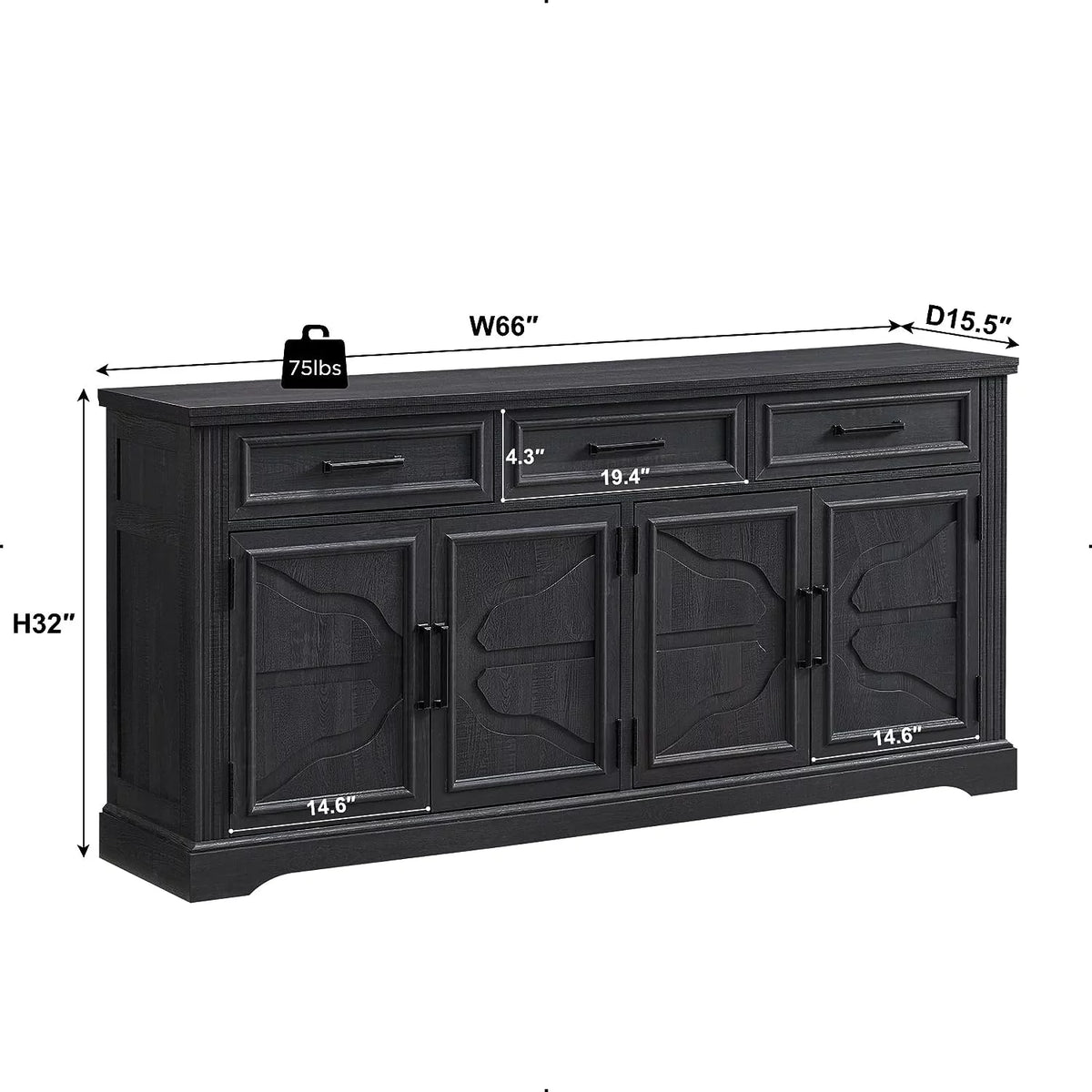 Black 3 Drawer 4 Door Sideboard Storage Cabinet U116030
