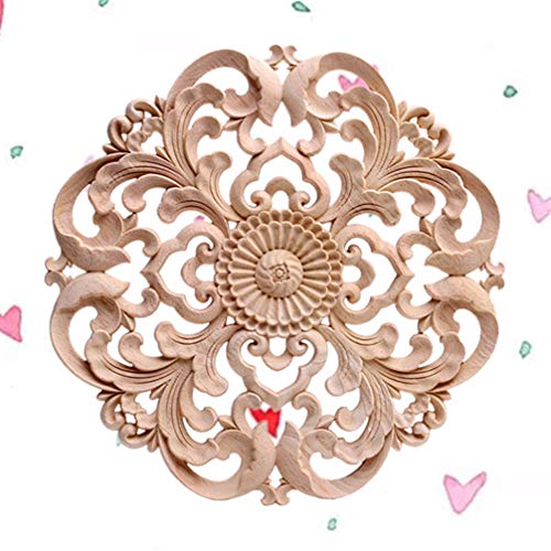Wood Carved Onlay Applique Round Flower Unpainted Corner Decal Wood Wall Art 15x15cm V99271